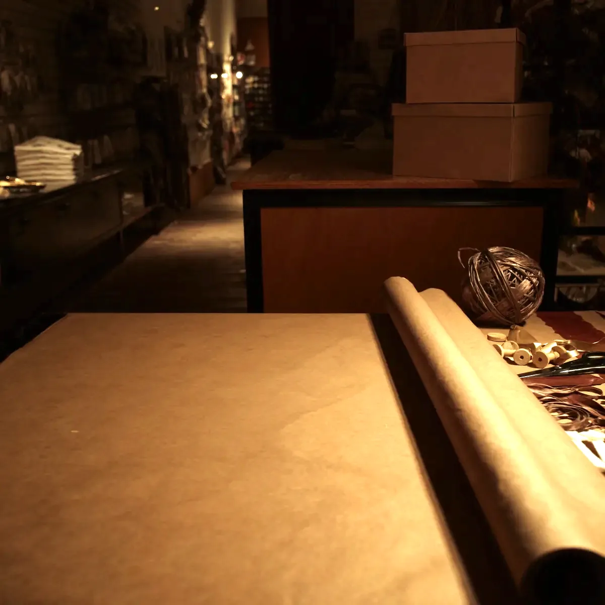 A shop wrapping counter seen from above, with a part unrolled roll of brown kraft paper, three spools of ribbon, scissors, twine and a small stack of plain gift boxes on worn wood.